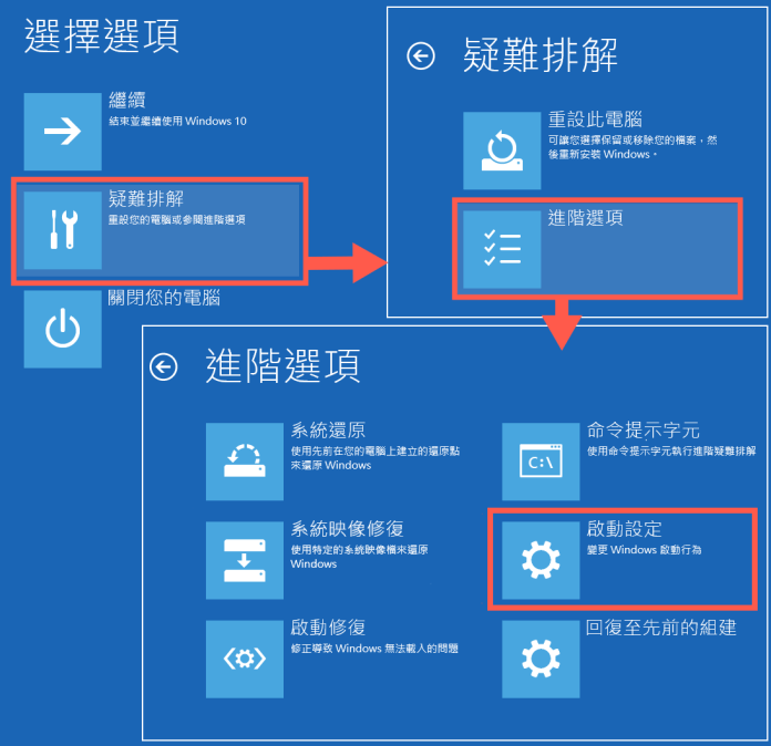 疑难排解-进阶选项-启动设定